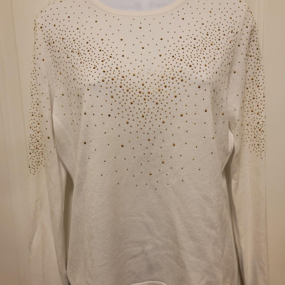 CARMEN MARC VALVO Off White Gold Embelished Sweater
